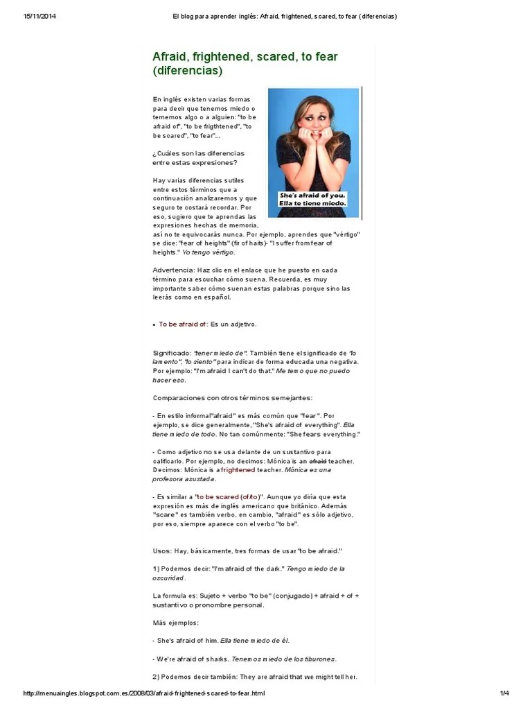 Afraid, Frightened, Scared, To Fear (Diferencias) | PDF | Asunto ...
