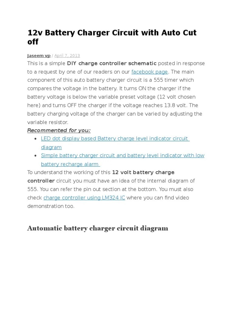 12v Battery Charger Circuit With Auto Cut Off | PDF