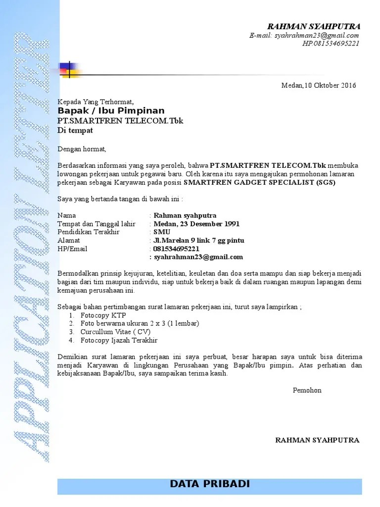 Contoh Surat Lamaran Kerja Smartfren Sgs Cute766