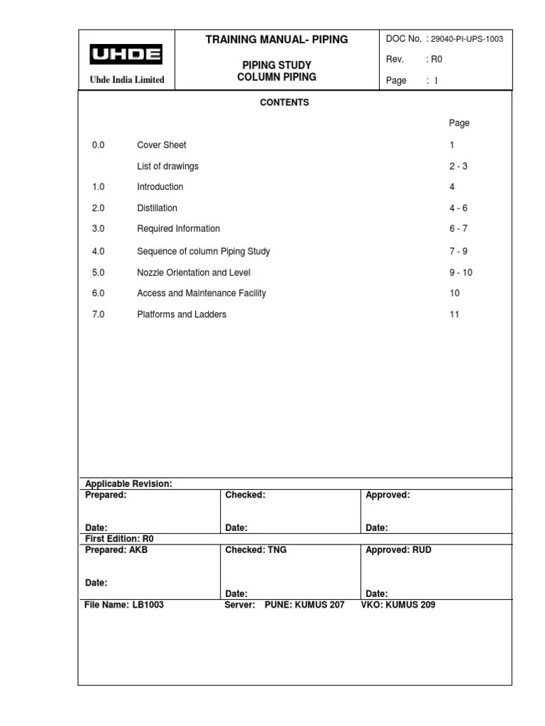 Training Manual-Piping: Piping Study Column Piping | PDF | Distillation | Chemical Engineering
