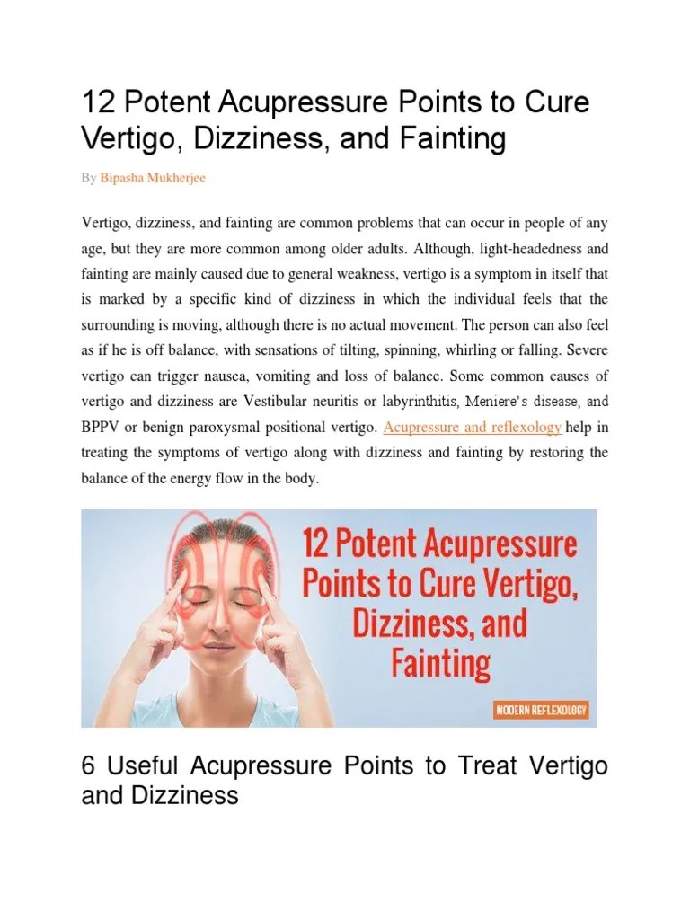 12 Potent Acupressure Points To Cure Vertigo | PDF | Vertigo | Acupressure