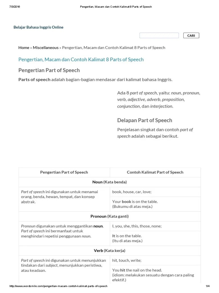 Pengertian, Macam Dan Contoh Kalimat 8 Parts of Speech | PDF