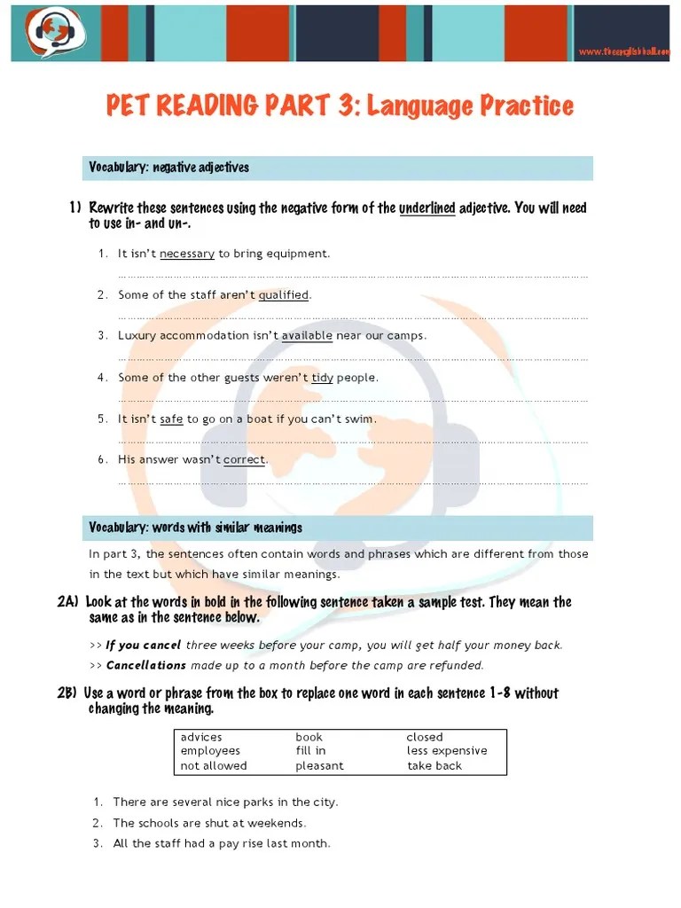 PET READING PART 3 - Language Practice | PDF | Ellipsis | Languages