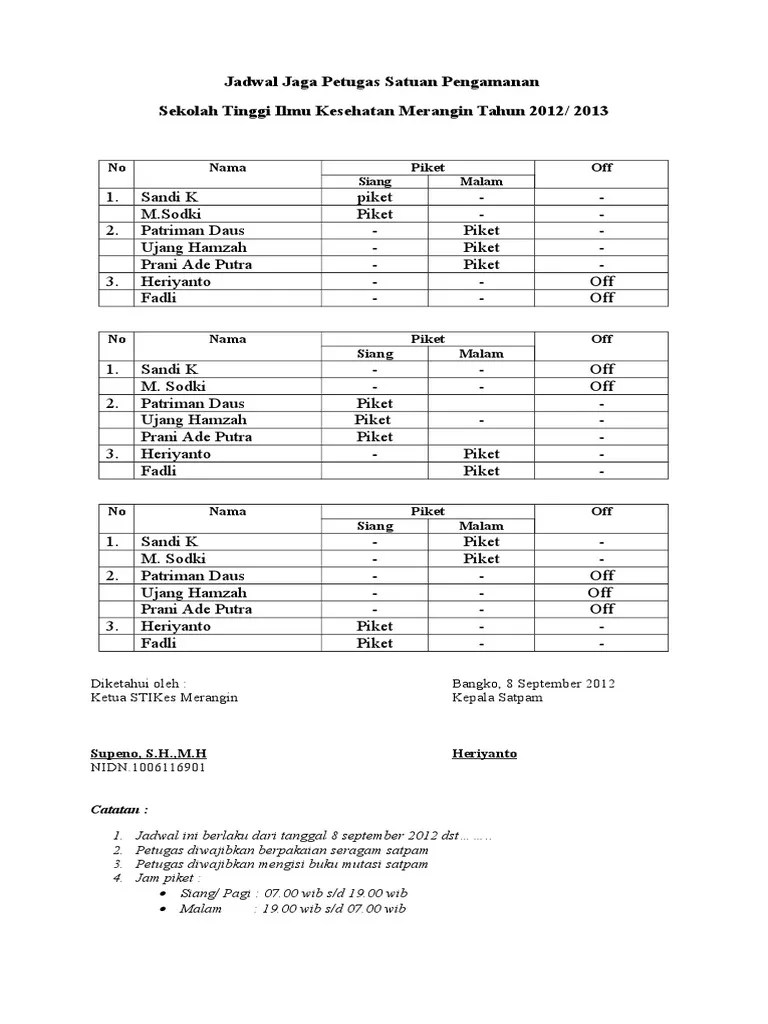 Last updated 30 januari 2021. Jadwal Jaga Petugas Satuan Pengamanan Pdf