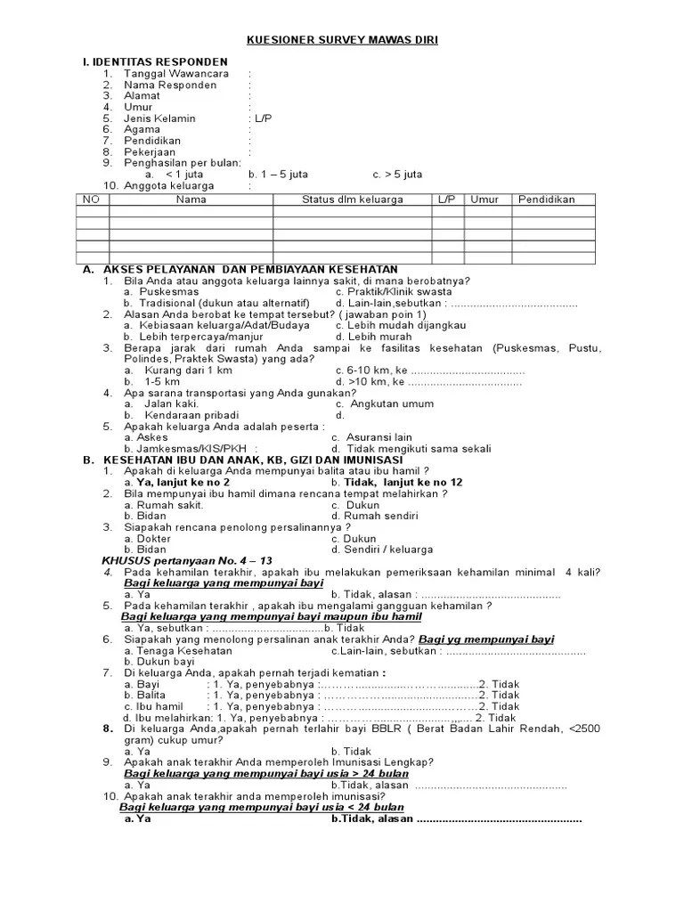 Unduh sebagai doc pdf txt atau baca online dari scribd. Kuesioner Survey Mawas Diri