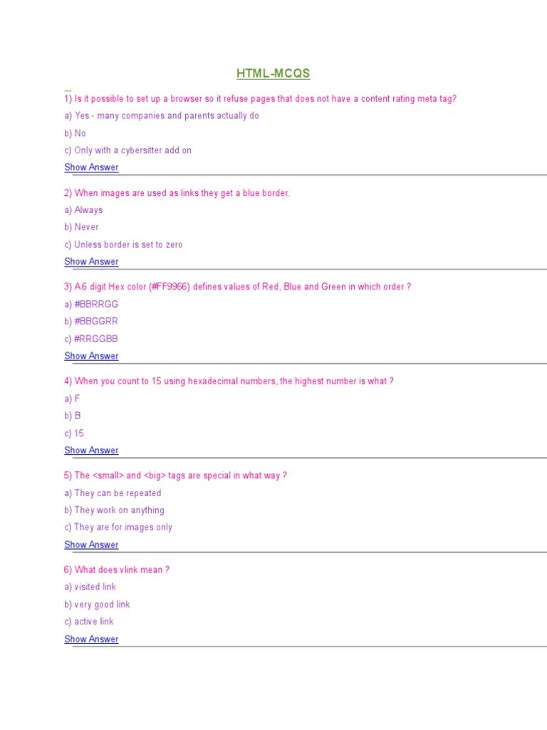 HTML Quiz Qa | PDF | Html Element | Html