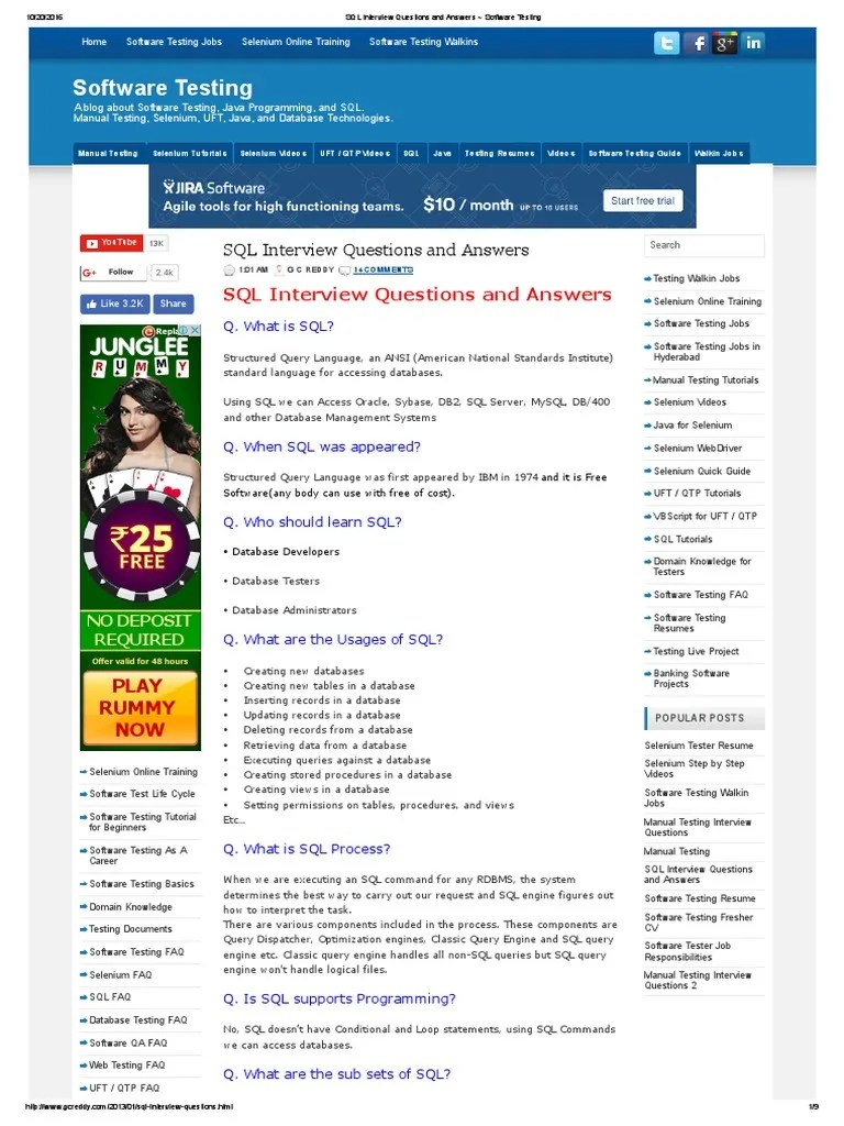 SQL Interview Questions And Answers - Software Testing | PDF | Sql | My Sql