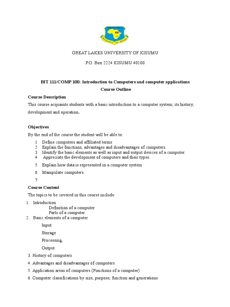 Introduction To Computers Course Outline