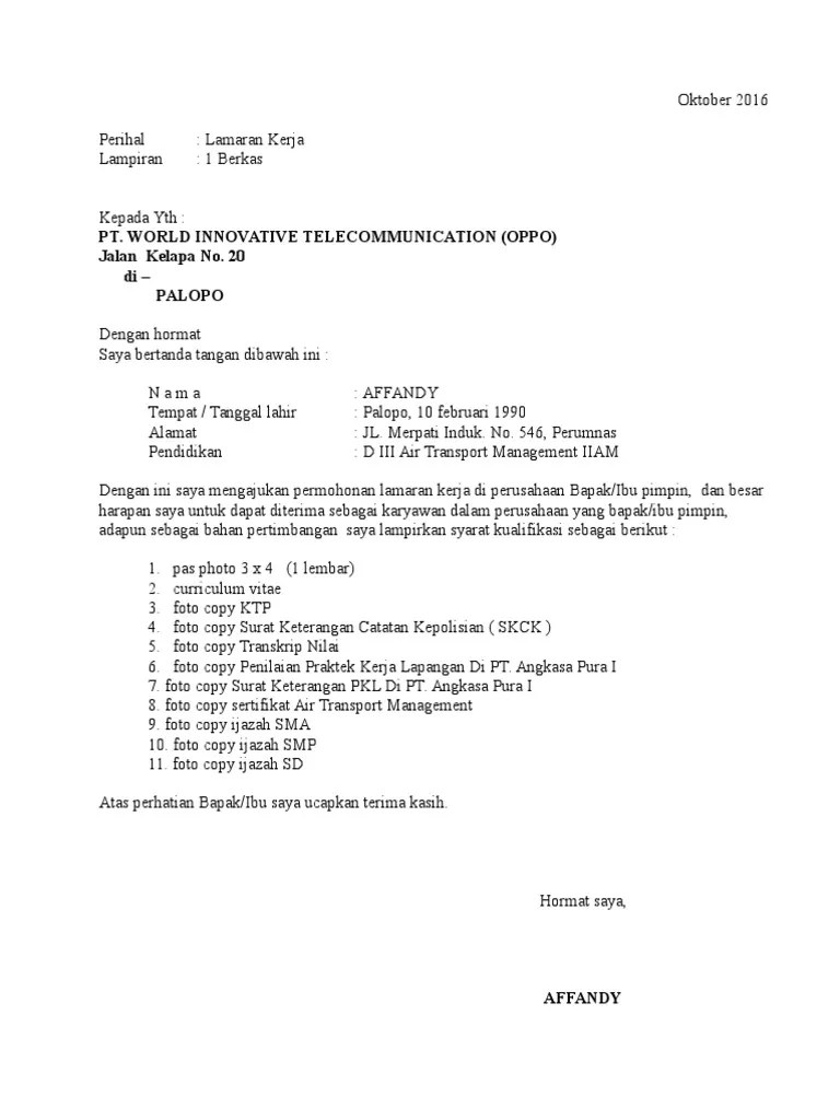 Contoh Surat Lamaran Kerja Oppo 