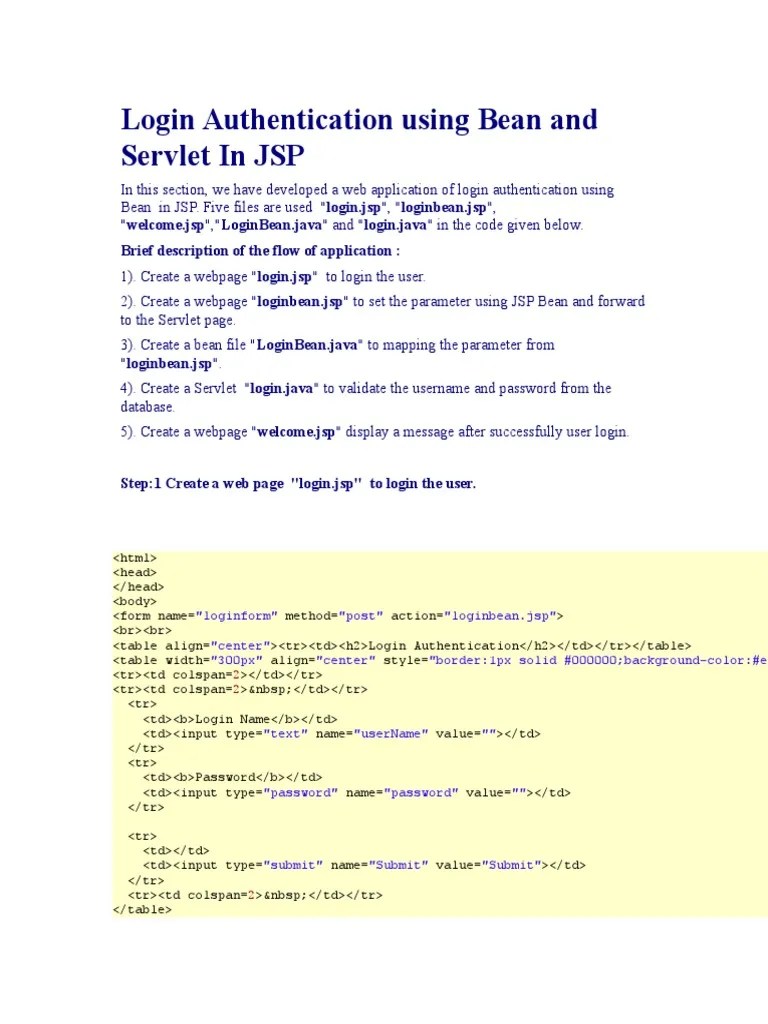 Login Authentication Using Bean And Servlet In JSP | PDF | Java Server ...