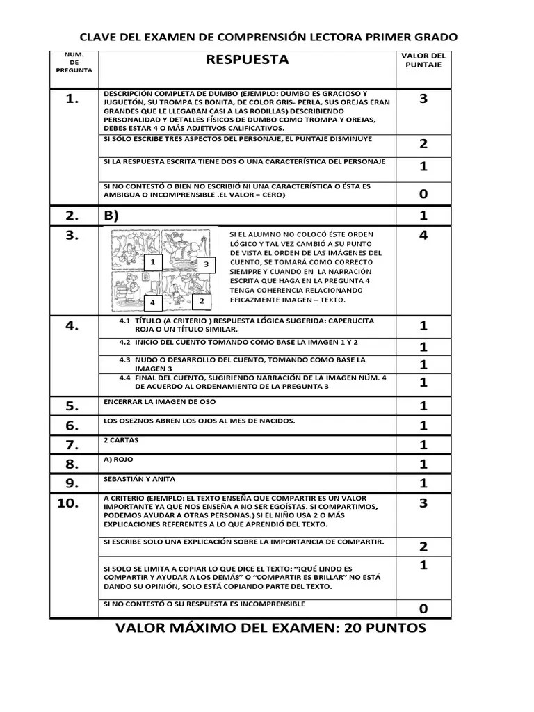 Clave Del Examen De Comprensión Lectora Primer Grado | PDF | Prueba (evaluación) | Cognición