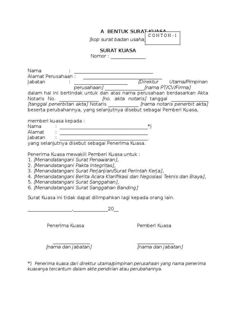 Klasifikasi baku lapangan usaha indonesia (kbli) 2017 diatur berdasarkan peraturan kepala badan pusat statistik nomor 19 tahun 2017 tentang perubahan atas . Bentuk Surat Kuasa Perusahaan Pdf