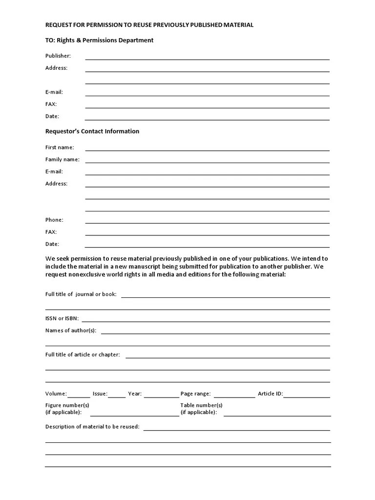 Request For Permission To Reuse Previously Published Material TO: Rights & Permissions ...