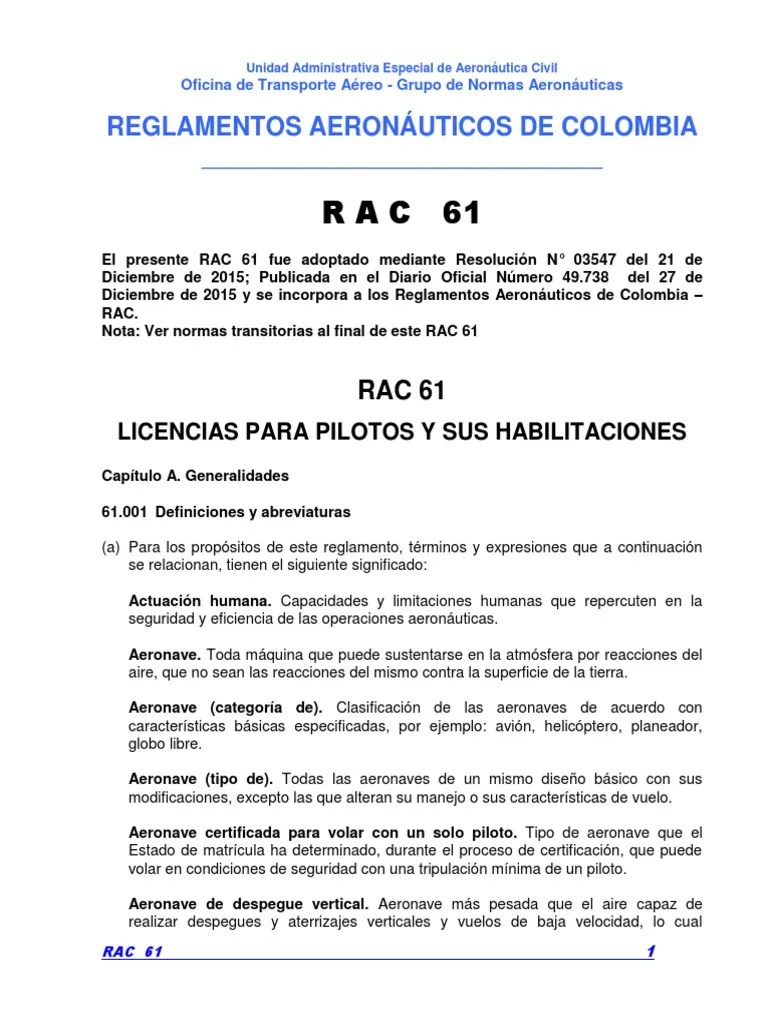 RAC 61 - Licencias Para Pilotos Y Sus Habilitaciones | PDF | Reglas De Vuelo Por Instrumentos ...
