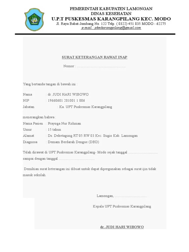 Contoh surat rawat inap rumah sakit
