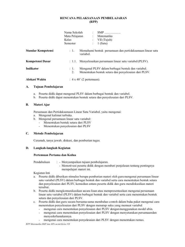 RPP Persamaan Dan Pertidaksamaan Linear Satu Variabel | PDF