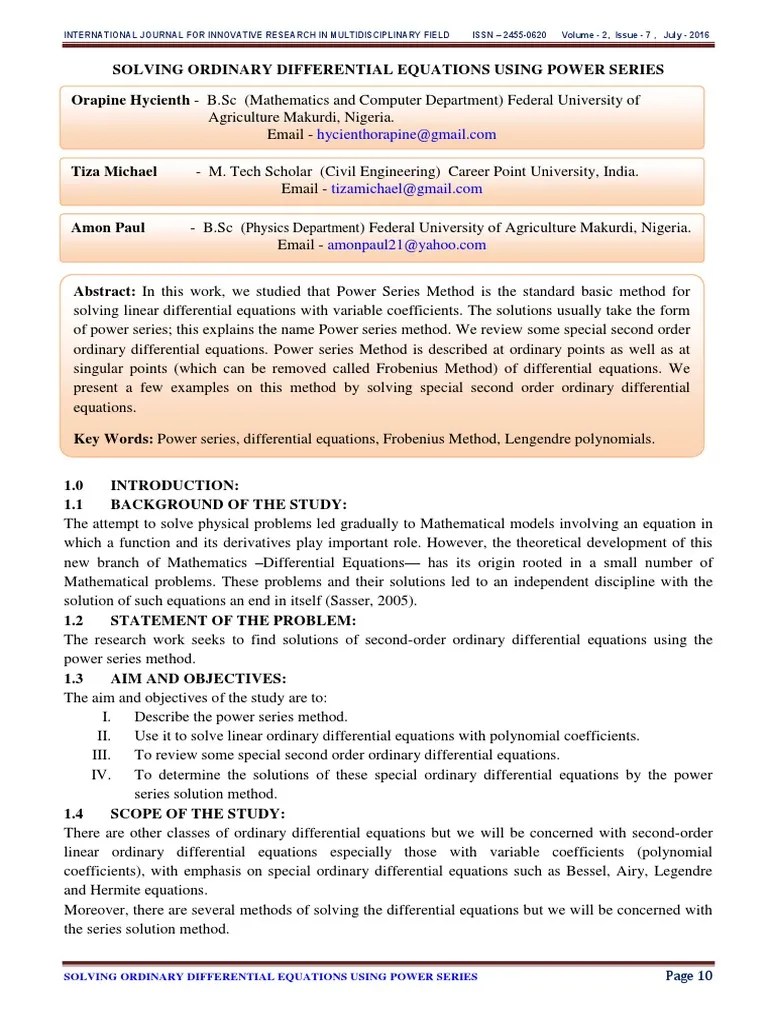 Solving Ordinary Differential Equations Using Power Series | PDF ...