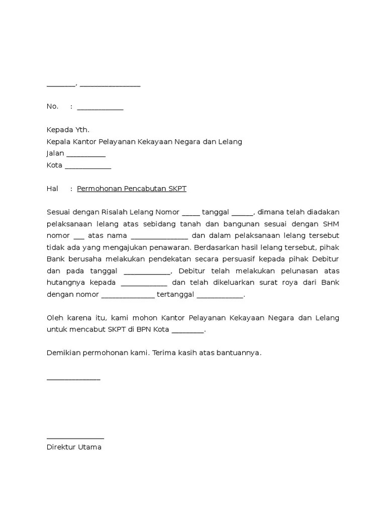 Surat pemberitahuan pembatalan lelang pokja. Permohonan Pencabutan Skpt Kpknl Pdf