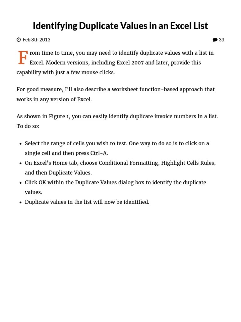 Identifying Duplicate Values In An Excel List | PDF | Microsoft Excel ...