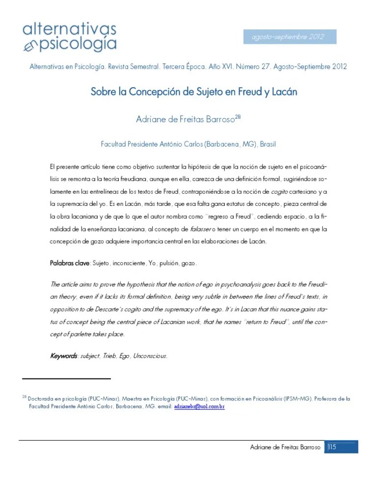 Concepcion Del Sujeto En Freud Y Lacan | Descargar Gratis PDF | Jacques Lacan | Mente Inconsciente