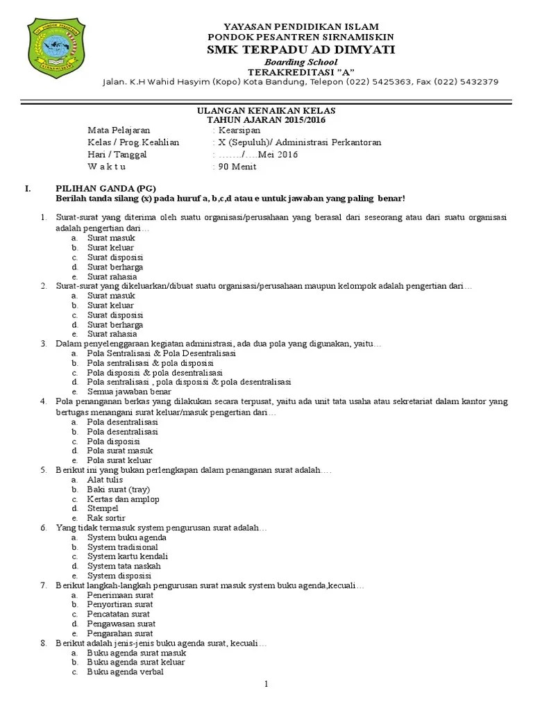 Berikut ini soal pilihan berganda mengelola penanganan surat. Ukk Kearsipan Genap Kelas X Pdf
