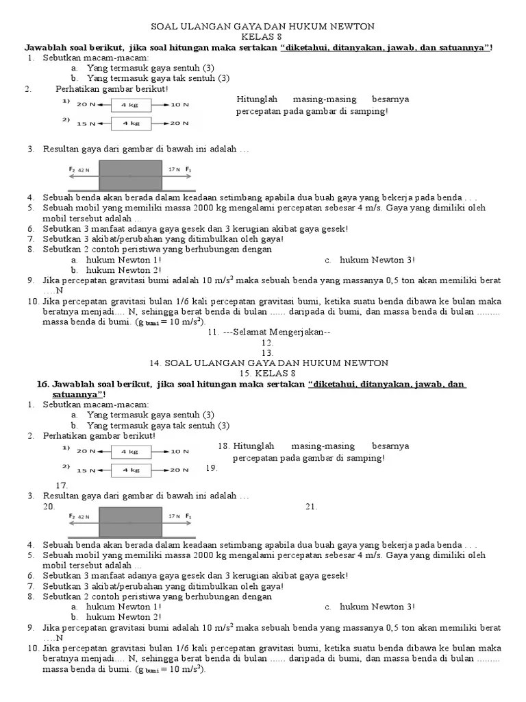 Hai semua kamu lagi cari bank soal ipa kelas 8 smp materi hukum hukum newton. Soal Hukum Newton Smp Kelas 8 Nasi