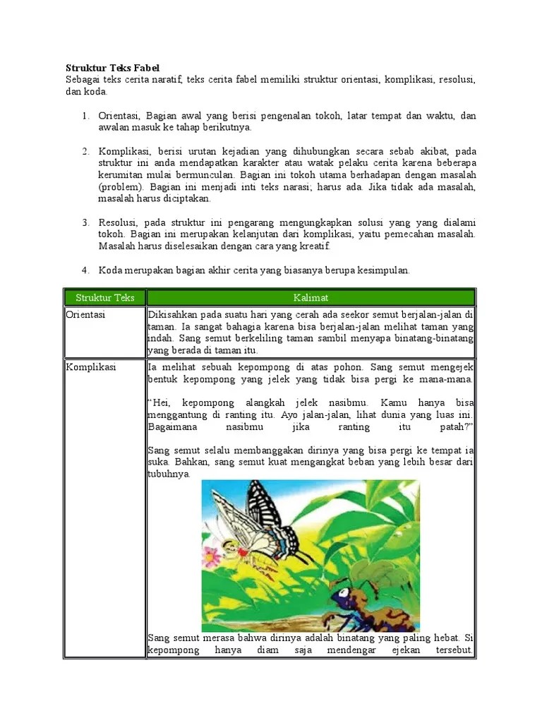 Dibawah ini merupakan analisis orientasi, komplikasi, resolusi, koda pada cerita singkat monkey and crocodile. Struktur Teks Fabel Pdf