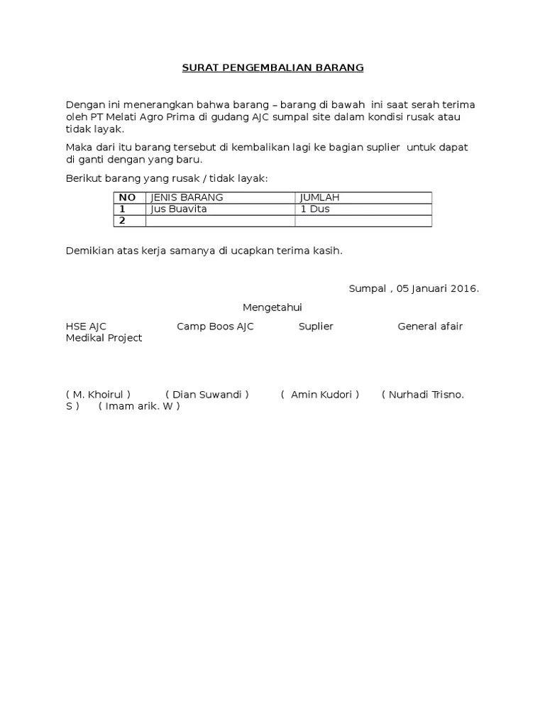 Surat permohonan pengembalian barang eksport doc google drive. Surat Pengembalian Barang Pdf