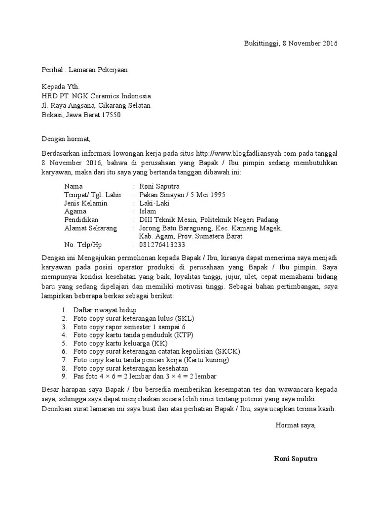 Operator Produksi Contoh Surat Lamaran Kerja Di Pt Sebagai Karyawan Nusagates