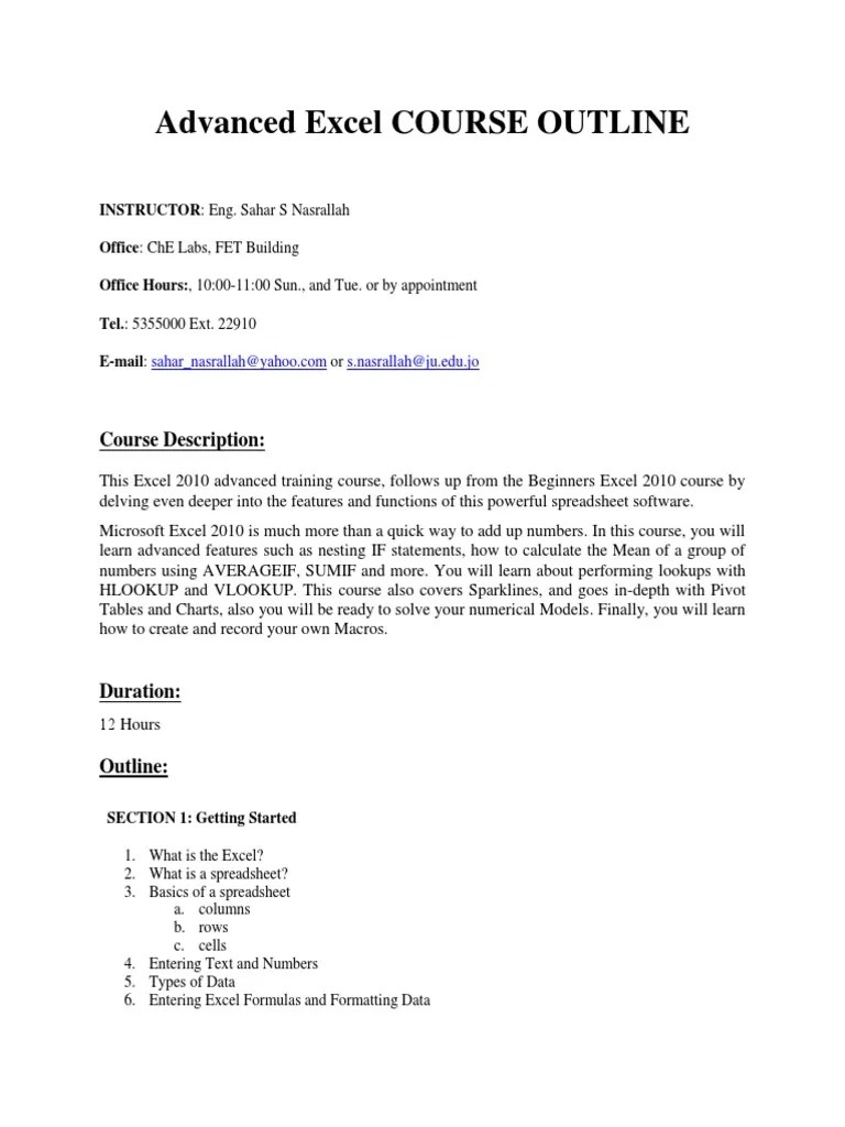 Advanced Excel Course Outline | PDF | Microsoft Excel | Array Data ...