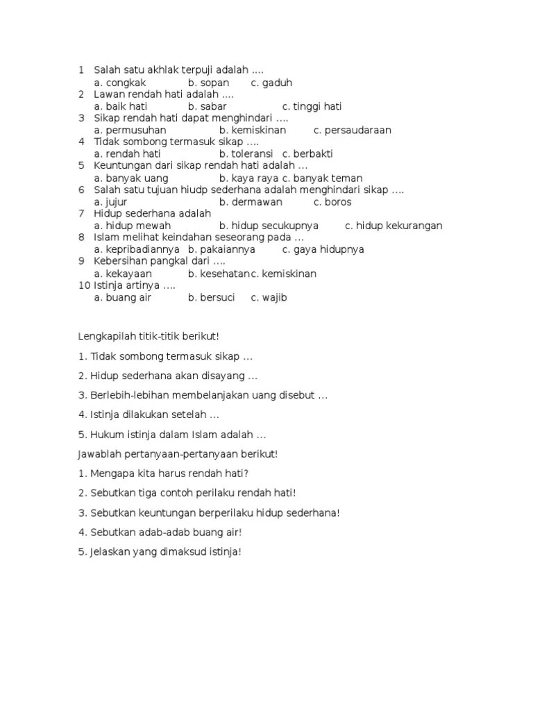 Soal Latihan Hidup Bersih Adab Buang Air | PDF