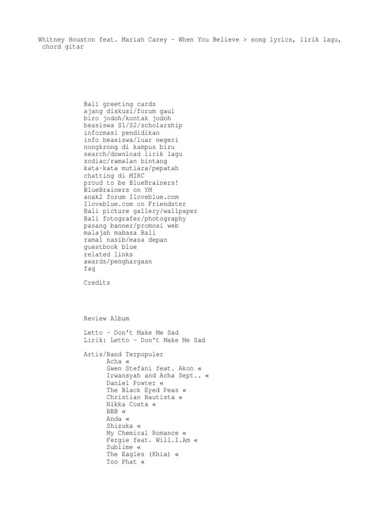 Acha septriasa disini kau dan aku terbiasa bersama menjalani kasih sayang. Whitney Houston Feat Mariah Carey When You Believe Song Lyrics Lirik Lagu Chord Gitar Pdf Musicians Leisure