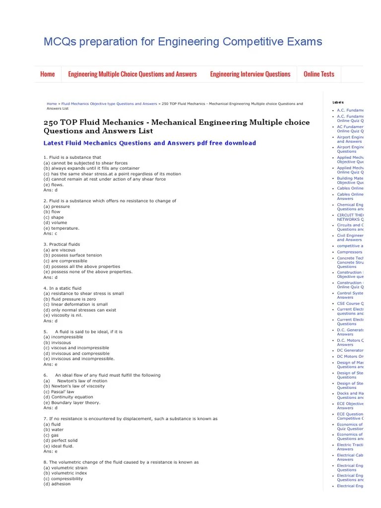250 TOP Fluid Mechanics - Mechanical Engineering Multiple Choice ...