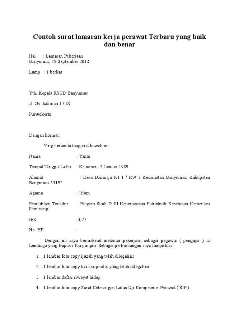 Surat lamaran kerja yang ditulis dengan benar dan tepat menjadi salah satu hal yang . Contoh Surat Lamaran Kerja Perawat Terbaru Yang Baik Dan Benar Pdf