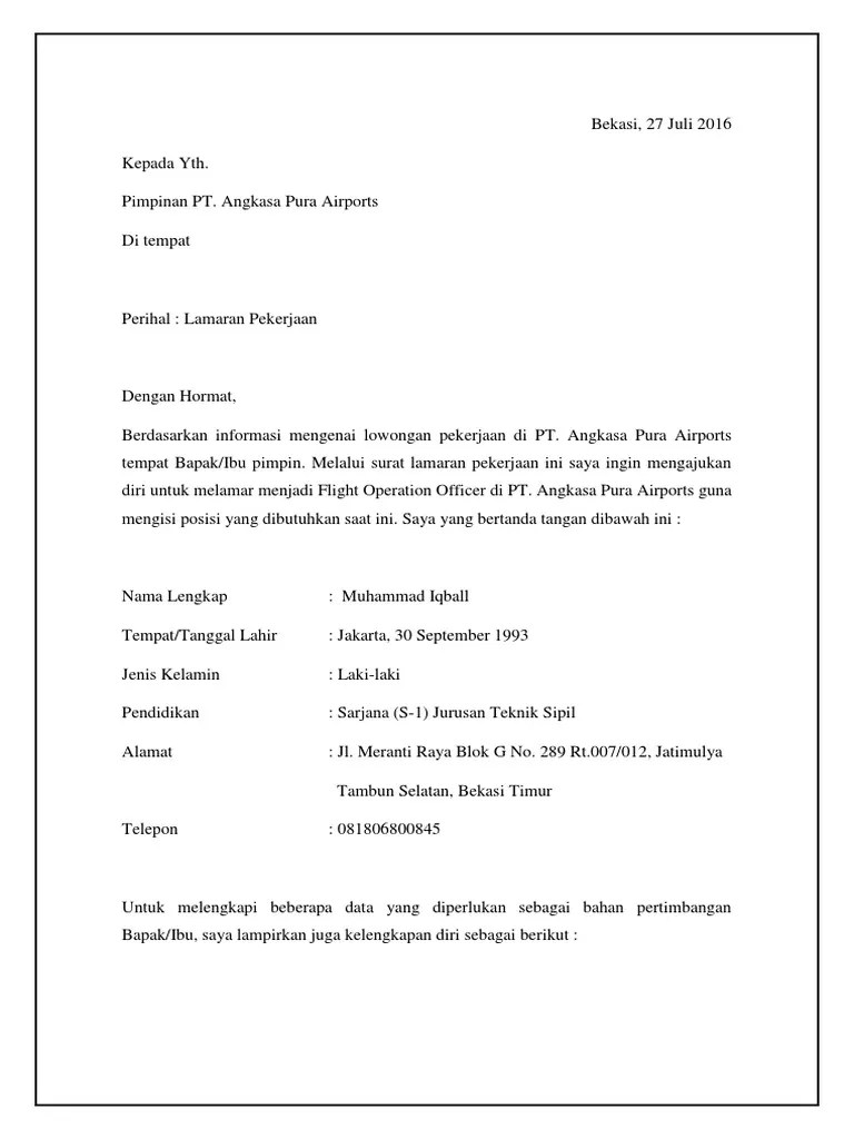Contoh Surat Lamaran Kerja Angkasa Pura Support Contoh Surat The collection that comprising.