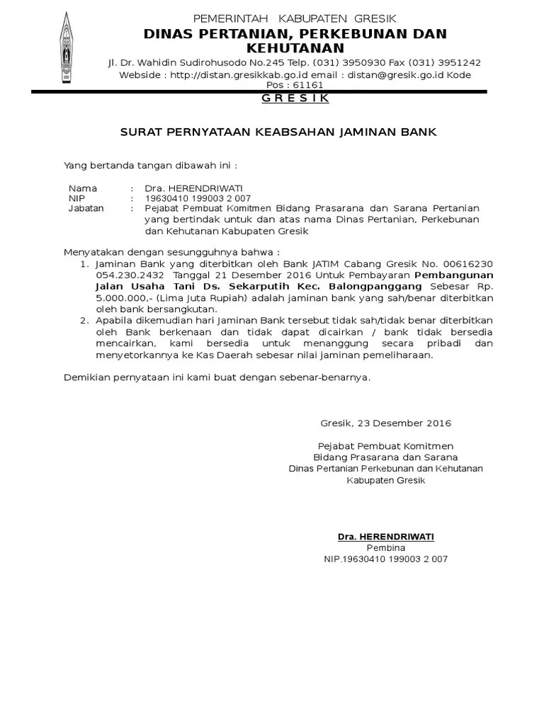 Surat Pernyataan Keabsahan Jaminan Bank | PDF