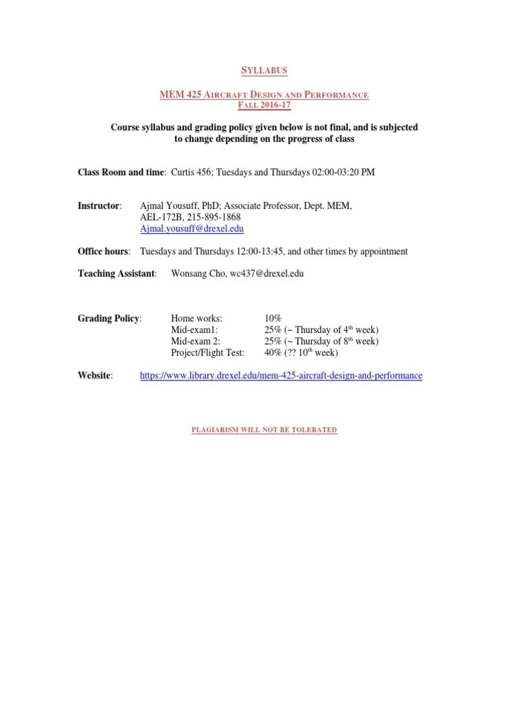 Mem 425 001 Syllabus Pdf Aircraft Flight