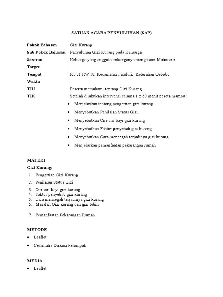 Satuan Acara Penyuluhan Gizi Kurang | PDF