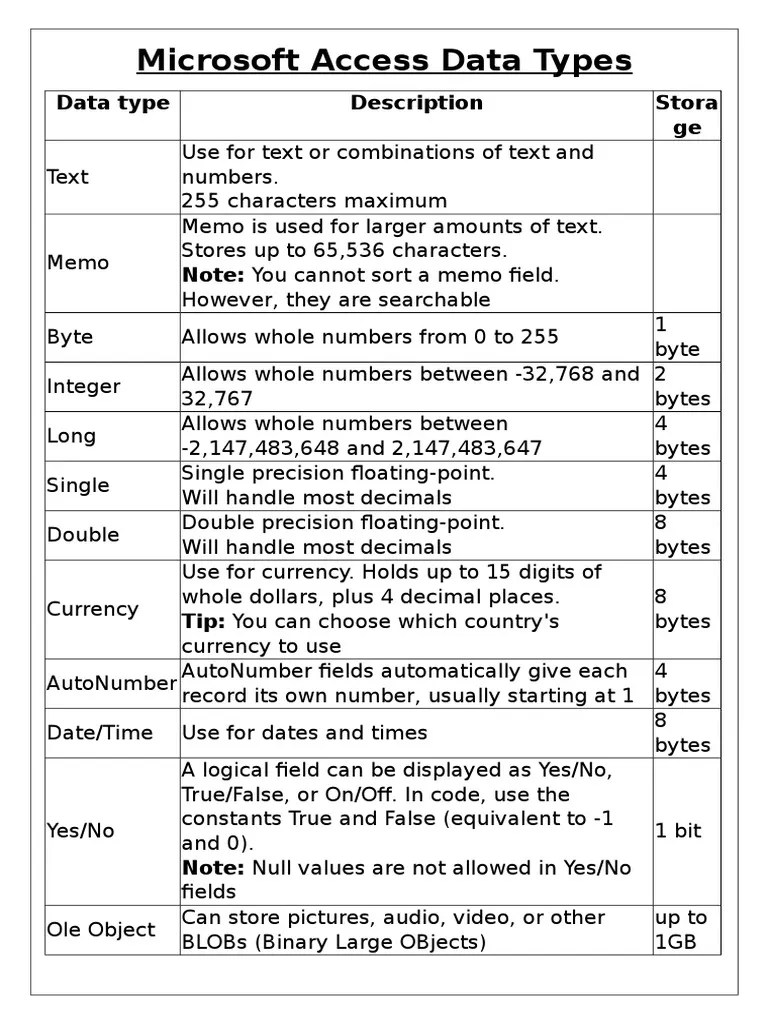 Microsoft Access Data Types | PDF