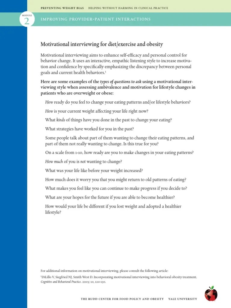 Motivational Interviewing For Diet/exercise And Obesity: Improving Provider-Patient Interactions ...