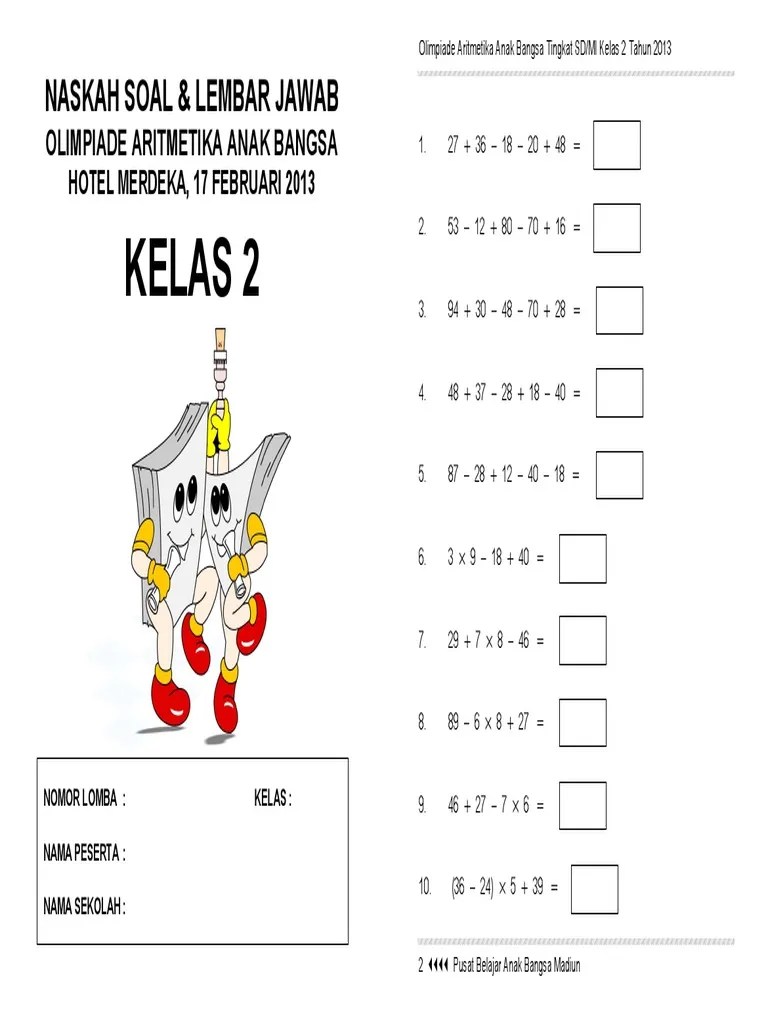 Soal & kunci jawaban pas matematika kelas 7 semester 2 smp/mts tahun 2021. soal olimpiade matematika kelas-2 sd