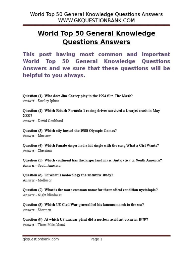 World Top 50 General Knowledge Questions Answers | PDF | Leisure | Sports
