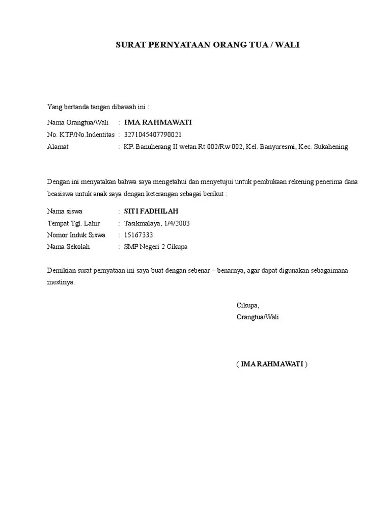 Tidak semua orang tua akan. Surat Pernyataan Orang Tua