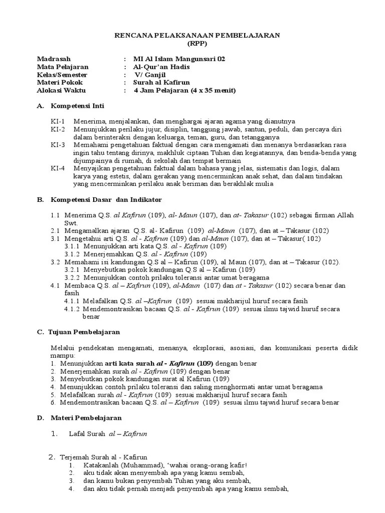 RPP Qur&rsquo;an Hadis SMT 1 | PDF