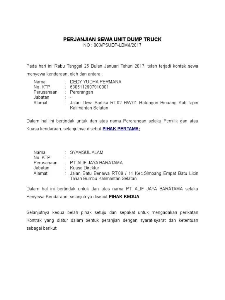 Example of a lease agreement agreement. Contoh Surat Perjanjian Sewa Lori Pengangkut