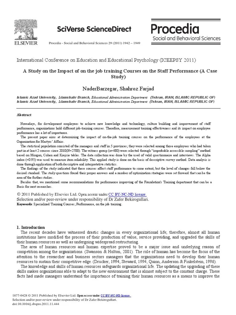 A Study On The Impact Of On The Job Training Courses On The Staff Performance (A Case Study ...