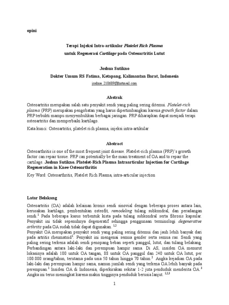 Terapi Injeksi Intra-Artikular Platelet Rich Plasma Untuk Regenerasi Cartilage Pada ...