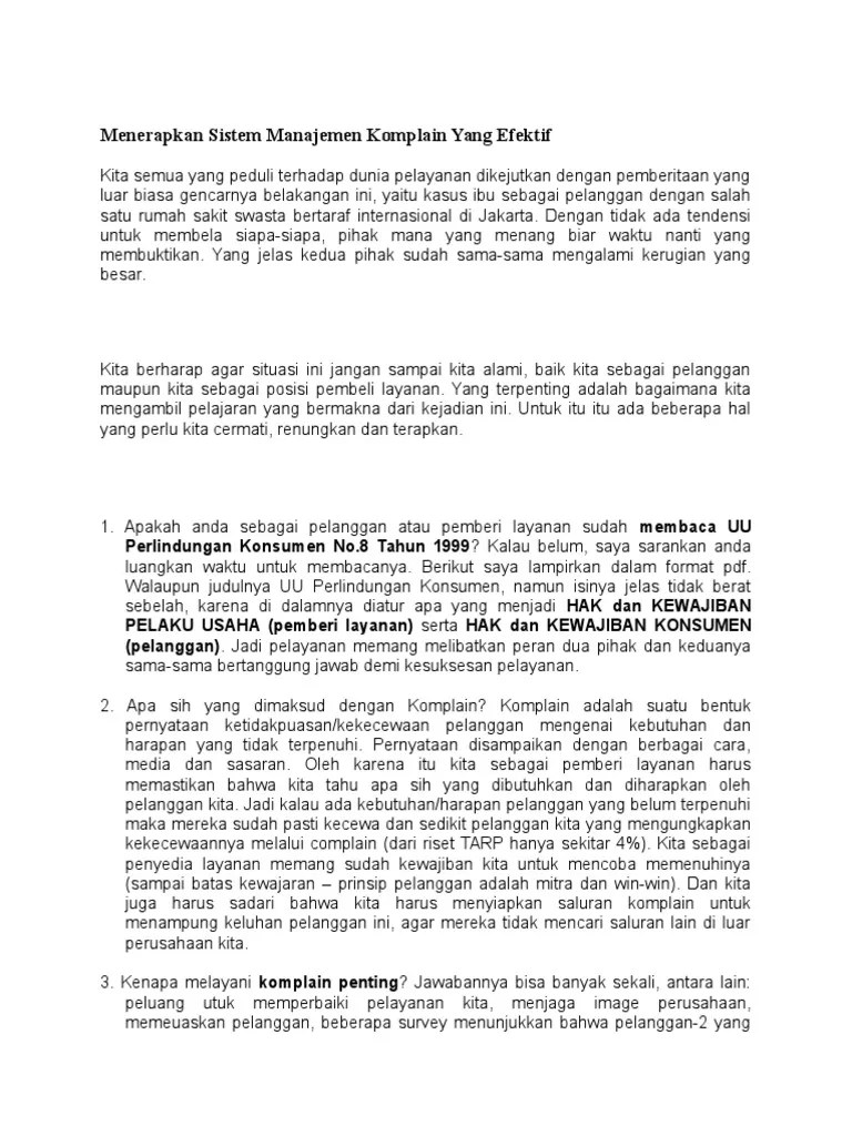 (studi kasus hotel sibayak internasional berastagi). Manajemen Komplain Pdf