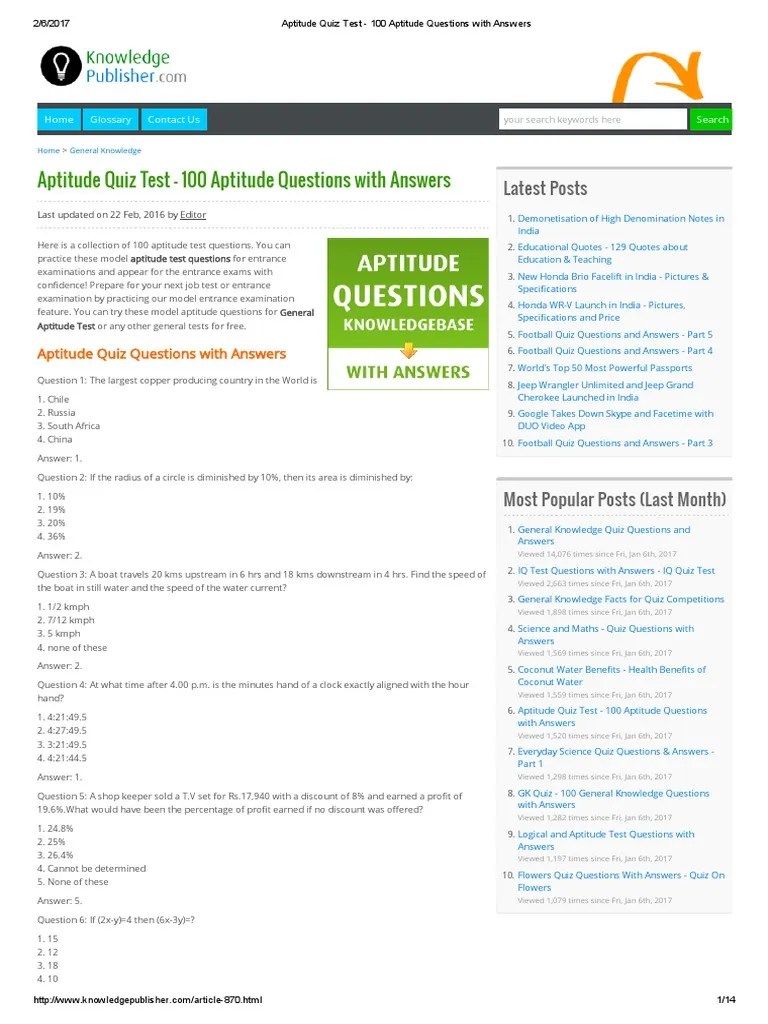 Aptitude Quiz Test - 100 Aptitude Questions With Answers | PDF | Odds ...