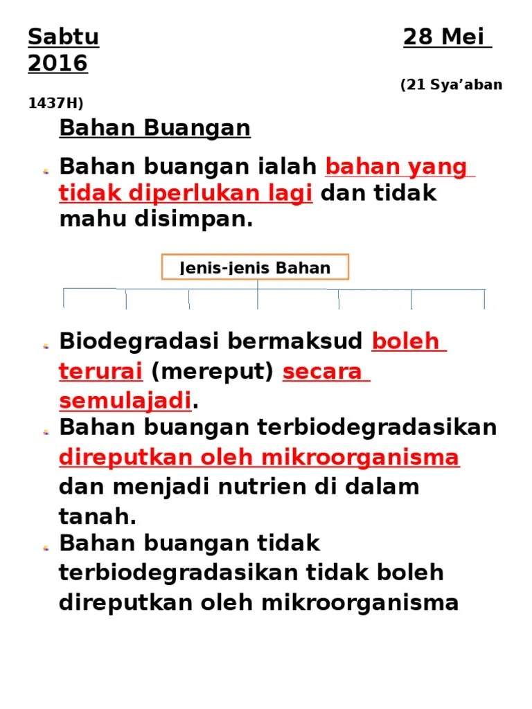 Buangan hijau, buangan makanan, buangan kertas dan plastik terbiodegradasi. Maksud Bahan Buangan